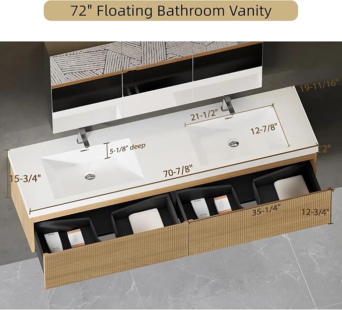 72'' Floating Bathroom Vanity with Sink, Wall-Mounted Bathroom Storage Cabinet with 2 Soft-Close Striped Drawers & Double Solid Surface Basins, Natural Oak Body with Internal Handle, Wood