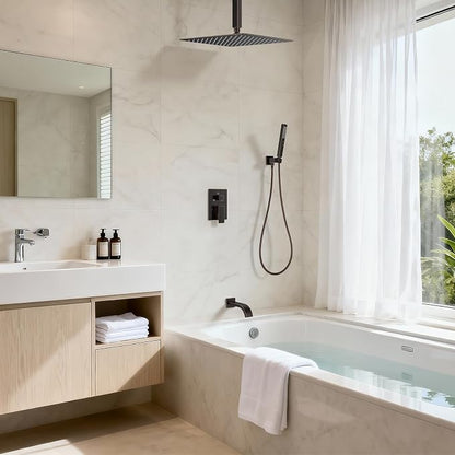 Oil Rubbed Bronze Shower System with Tub Spout, Ceiling Mounted Bathtub Shower Faucet Set, 12" Rainfall Shower Head and Handheld Shower Combo, High Pressure Shower Fixtures Set with Rough-in Valve