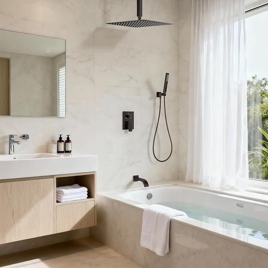 Oil Rubbed Bronze Shower System with Tub Spout, Ceiling Mounted Bathtub Shower Faucet Set, 12" Rainfall Shower Head and Handheld Shower Combo, High Pressure Shower Fixtures Set with Rough-in Valve