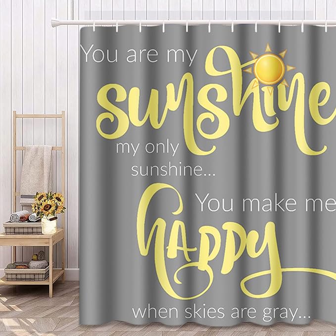 Shower Curtain for Bathroom Decor, 66 x 72 Inch, Sunshine Yellow | Quote Inspirational Gray Waterproof Polyester Fabric Shower Curtains Set with Hooks