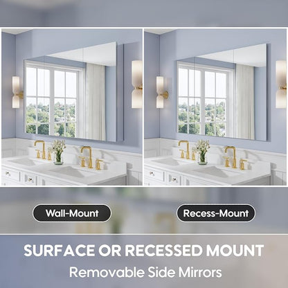 56" x 36" Bathroom Medicine Cabinet with Mirror, Anodized Chrome Aluminum Frame, Surface Mount or Recessed Medicine Cabinet with Mirror, Bathroom Mirror with Storage, Three Doors