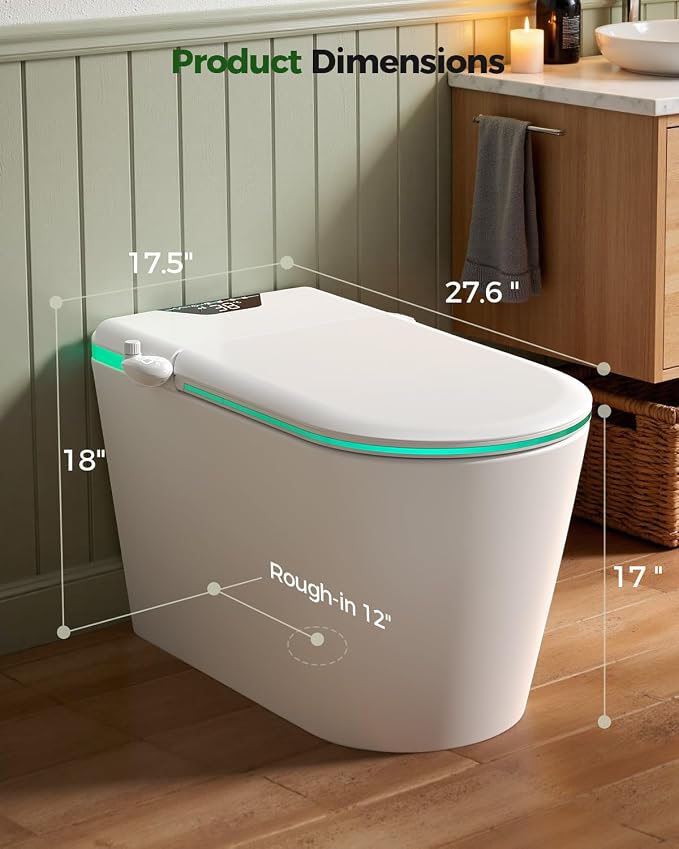 Nordic Smart Toilet with Built in, Auto Open Close Lid,Tankless One Piece Toilet, ADA Comfort Height, 1.28 GPF Auto Dual Flush, Heated Seat, Warm Air Dryer & Digital Display