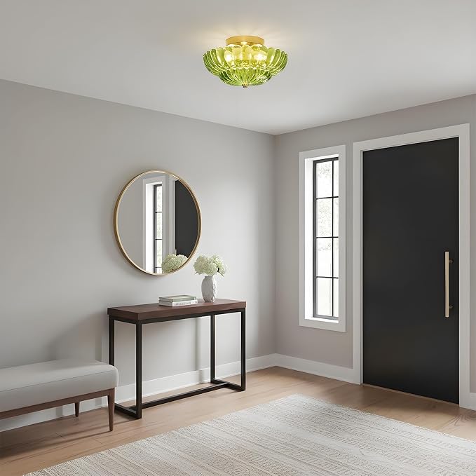 Green Glass Semi Flush Mount Ceiling Light Fixture,11.8 in,3-Lights | Flower Shape,Round Gold Base,Use E26 Bulb,Support Dimmable,for Hallway,Bedroom,Bathroom,Foyer,Closet,Entryway,Laundry Room