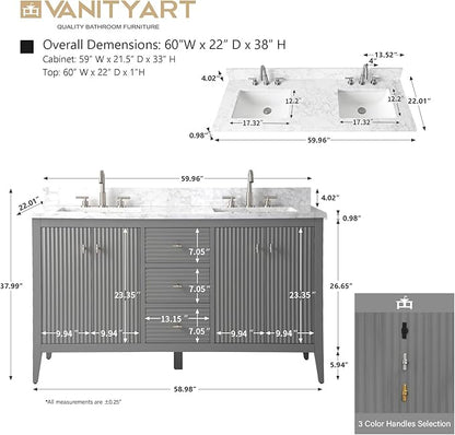 Vanity Art 60 inch Bathroom Vanity with Double Sink & Ceramic Top, Vanity Cabinet with Soft-Closing Door, Solid Wood Frame, Linear Pattern, Cashmere Gray, Golden Brushed Handware VA9160-DG-GB