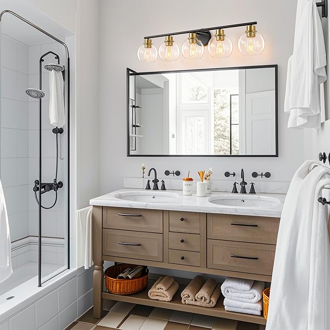 Bathroom Light Fixtures Over Mirror 5-Lights Bathroom Vanity Light with Clear Globe Glass Shade 37.4 inch Modern Black and Gold Vanity Lights Wall Sconce Lighting for Bath