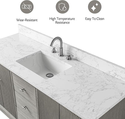 Vanity Art 60" Bathroom Vanity with Single Sink & Arabescato White Engineered Stone Top, Vanity Cabinet with Soft Closing Door, Solid Wood Frame, Golden Brushed Handles, Driftwood Gray VA8160S-DG-GB