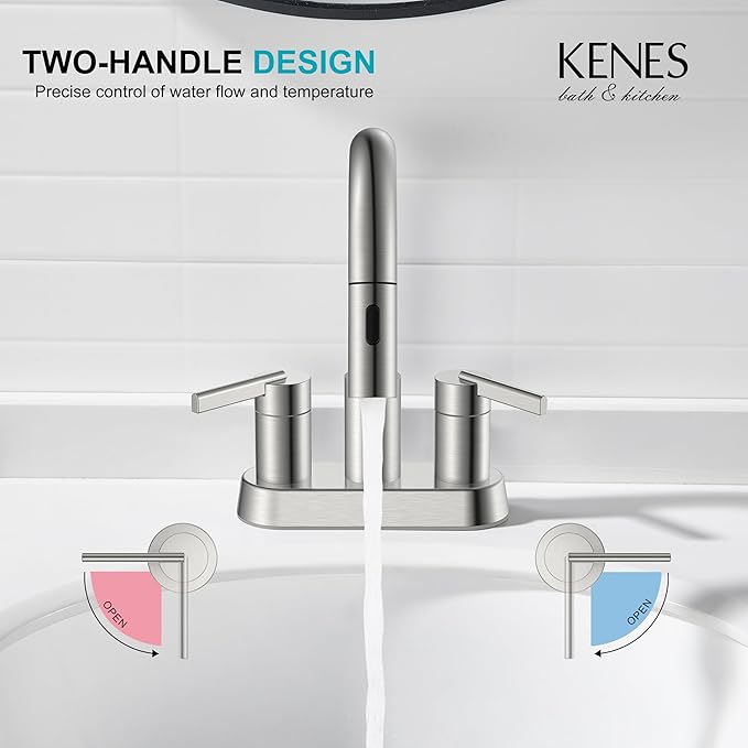 KENES Brushed Nickel Pull Down Bathroom Faucet, 4 Inch 2 Handle Centerset Bathroom Faucet 3 Hole with Pull Out Sprayer, Bathroom Sink Faucet with Pop Up Drain & Supply Lines LJ-9069