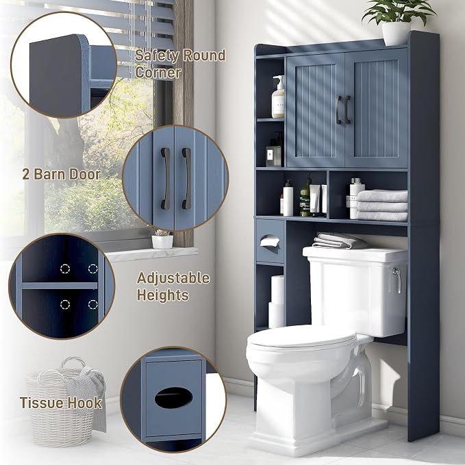 Vabches Farmhouse Over The Toilet Storage Cabinet with Barn Door, Blue | Storage Cabinet Over Toilet, Home Space-Saving Toilet Rack, for Bathroom, Restroom, Laundry