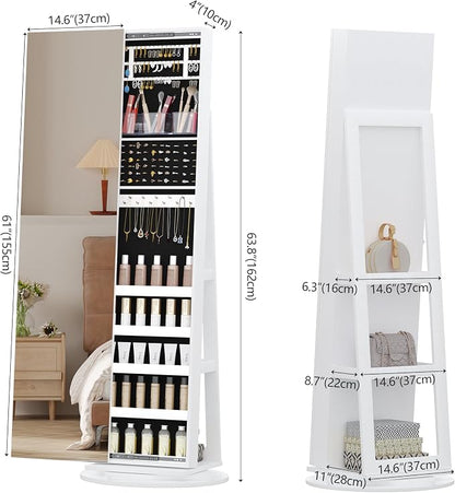 LVSOMT Standing Jewelry Cabinet with Sliding Full Length Mirror, White | 360° Swivel Mirror with Jewelry Storage, Lockable Jewelry Armoire Organizer with 3 Rear Shelves for Bedroom, Gift for Women