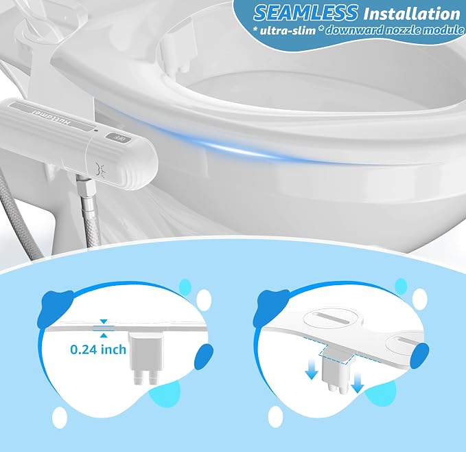 Huttdmel Ultra-Slim Bidet Attachment for Toilet, Non-Electric Dual Nozzle (Rear & Feminine Wash), Adjustable Water Pressure, Easy to Install, Fits Most Toilets, Stainless Steel Hose, Grey & White