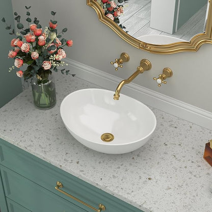 Oval Bathroom Vessel Sink - 16 x 13 inch Small Vessel Sink White Porcelain Ceramic RV Tiny Sink Above Counter Modern Egg Shape Art Sink