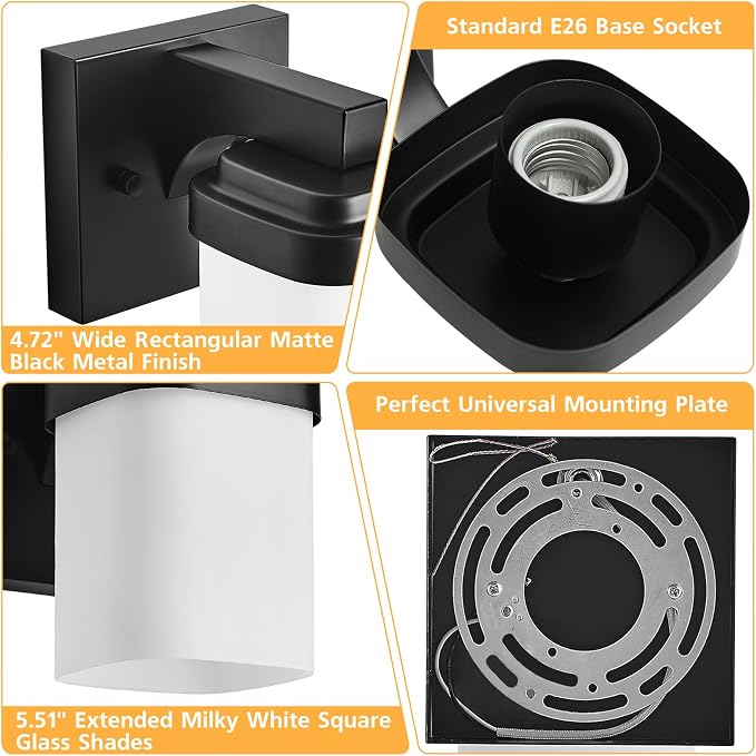 Bathroom Light Fixtures, Vanity Lights Wall Sconces Set of Two | 1-light black bathroom llight fixtures over mirror with milky white square glass shade, 4.72" farmhouse bathroom wall lamps