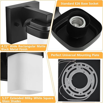Bathroom Light Fixtures, Vanity Lights Wall Sconces Set of Two | 1-light black bathroom llight fixtures over mirror with milky white square glass shade, 4.72" farmhouse bathroom wall lamps