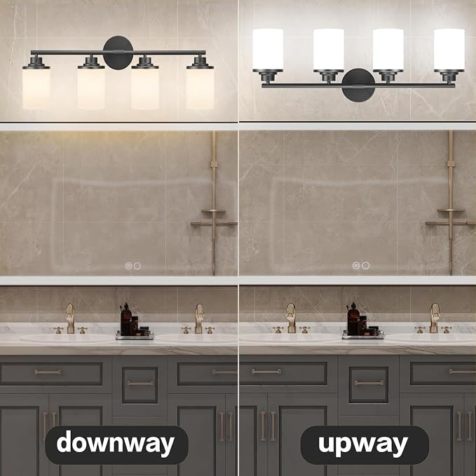 Bathroom Light Fixtures,Matte Black Bathroom Lights,4-Light Vanity Light Over Mirror,Modern Vanity Light Fixture with Frosted Glass