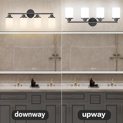 Bathroom Light Fixtures,Matte Black Bathroom Lights,4-Light Vanity Light Over Mirror,Modern Vanity Light Fixture with Frosted Glass