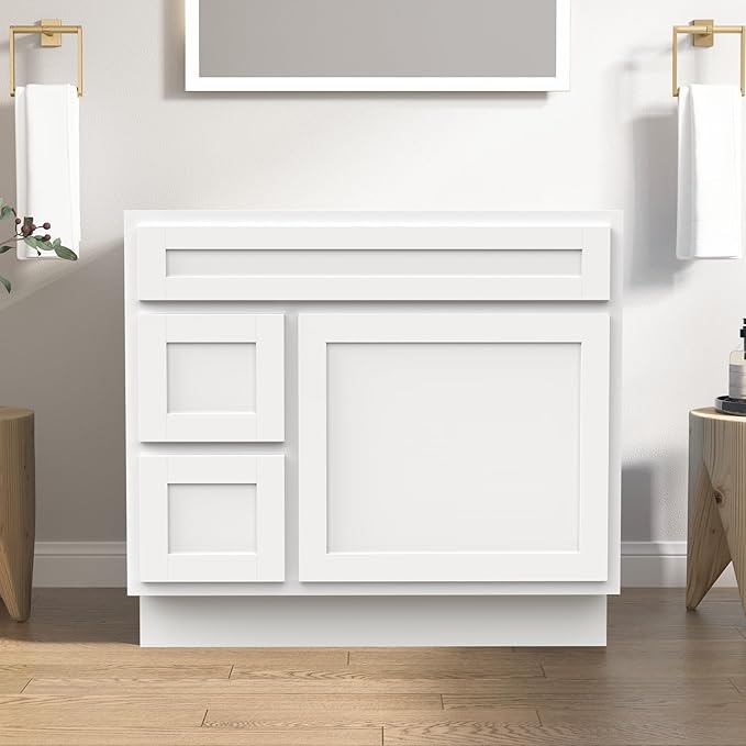 Vanity Art 36 Inch Single Shutter Door Bathroom Vanity Base Cabinet with 2 Functioning Shaker Drawers, Strudy Floor Mount Storage Cabinet Organizer for Bedroom, Living Room, Kitchen, VA4036-2LW