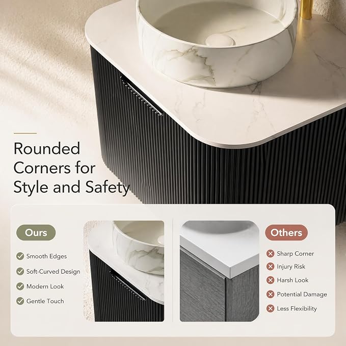 24 Inch Bathroom Vanity with Sink, Floating Wall Mounted Single Sink Vanity for Small Baths, Black Curved Fluted Front, Stone Top, Marble-Look Round Vessel Basin, Pre-Assembled