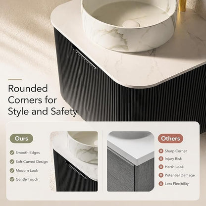 24 Inch Bathroom Vanity with Sink, Floating Wall Mounted Single Sink Vanity for Small Baths, Black Curved Fluted Front, Stone Top, Marble-Look Round Vessel Basin, Pre-Assembled