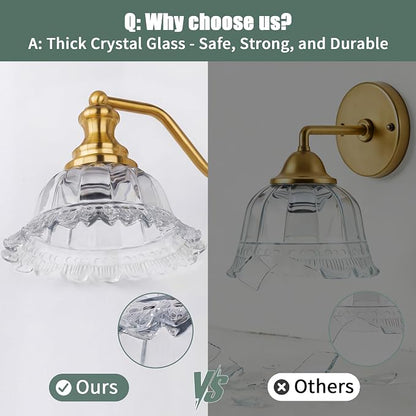 Brass Bathroom Light Fixtures Over Mirror, 3 Light Vintage Bathroom Vanity Light Fixture with Clear Flower Glass Shades, Retro Gold Wall Sconce E26 Vanity Lights for Bathroom Living Room