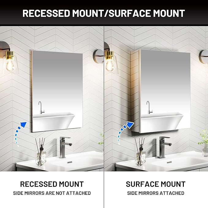 20 x 24 Medicine Cabinet Mirror for Bathroom,Assembly Required,Aluminum Alloy Frame,Recessed/Surface Mounted,Reversible L/R Door,Adjustable Shelves,Bathroom Medicine Cabinet with Mirror