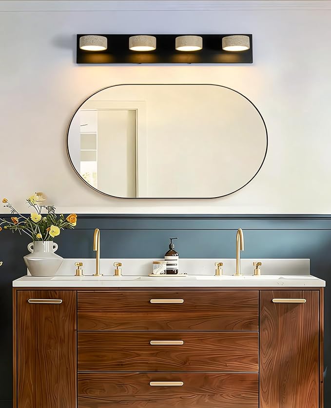 Travertine Vanity Light, 19.7 Inch Nordic Style Farmhouse Vanity Lights with 360° Rotatable Natural Stone Lampshade and Black Metal Base Wabi Sabi Vanity Lights Fixture for Bathroom (4 Lights)