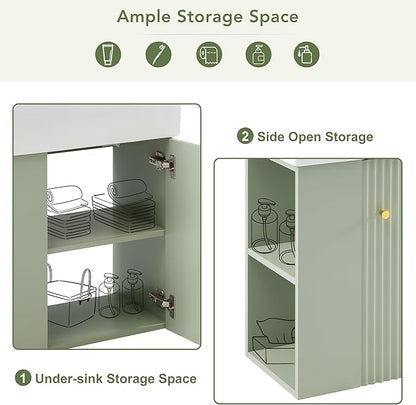 LUMISOL 21.6" Floating Bathroom Vanity with Sink, Wall Mounted Bathroom Vanity with Left Side Storage & Soft-Close Door, Small Bathroom Cabinet with Ceramic Sink, Green