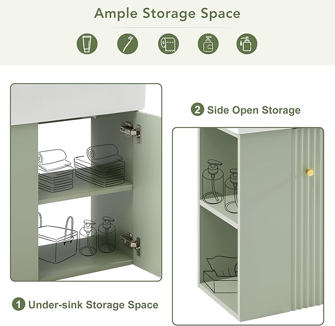 BNSPLY 22 Inch Floating Bathroom Vanity with Sink, Wall Mounted Bathroom Vanity Cabinet with Ceramic Sink, Modern Single Basin Vanities, Small Restroom Basin Cabinet with Left Side Storage, Green