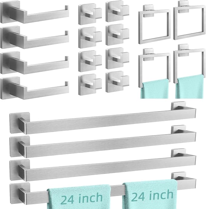 FEILERN 20-Piece Bathroom Hardware Set Brushed Nickel 24 Inch Towel Bar Set | Towel Bar, Towel Racks for Bathroom, Towel Hooks, Toilet Paper Holder, Square Towel Ring, Stainless Steel Wall Mounted