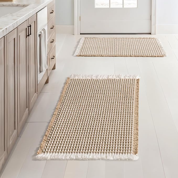 MIULEE Set of 2 Waffle Bathroom Rugs Boho Bath Mat Brown&White 17x24 Inch | Non Slip, Super Absorbent, Washable, Ultra Soft, Rubber Backed, Small Beige Bath Rugs for Bathroom Floor Tub Shower