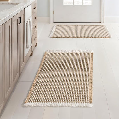 MIULEE Set of 2 Waffle Bathroom Rugs Boho Bath Mat Brown&White 17x24 Inch | Non Slip, Super Absorbent, Washable, Ultra Soft, Rubber Backed, Small Beige Bath Rugs for Bathroom Floor Tub Shower