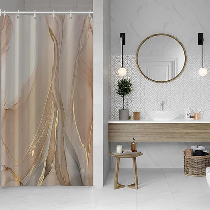 Brown Shower Curtain, Modern Brown Gold Grey Marble Shower Curtain for Bathroom Aesthetic Ink Texture Waterproof Shower Curtain Set with Hooks, 54x72 Inch