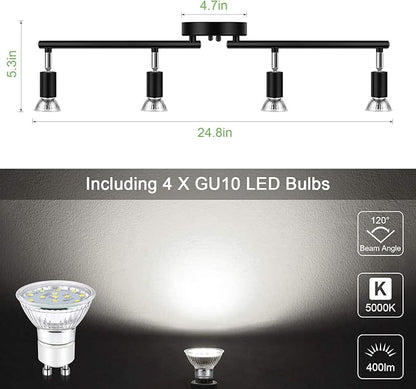 Unicozin LED 4 Light Track Lighting Kit, 24.8'' Black 4 Way Ceiling Spot Lighting, Flexibly Rotatable Head, Track Light Included 4 x LED GU10 Bulb (4W, Daylight White 5000K, 400LM)