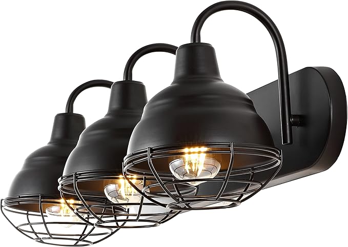 JONATHAN Y 24.5" Oil Rubbed Bronze 3-Light Industrial Farmhouse Vanity Light for Bathroom Mirror, Rustic Metal Wall Sconce Fixture, Iron Caged Shade, LED Bulbs Included JYL1120A