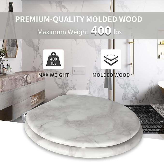 Angel Shield Marble Toilet Seat Durable Molded Wood with Quiet Close,Easy Clean，Quick-Release Hinges (Round,Gray Marble)