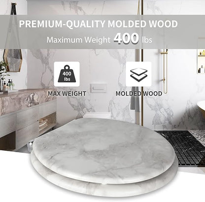 Angel Shield Marble Toilet Seat Durable Molded Wood with Quiet Close,Easy Clean，Quick-Release Hinges (Round,Gray Marble)
