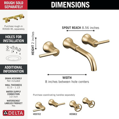 Delta Trinsic Wall Mount Bathroom Faucet 3 Hole, Brushed Gold Bathroom Sink Faucet for Wall, Champagne Bronze T3554LF-CZLHP-WL (Valve and Handles Not Included)
