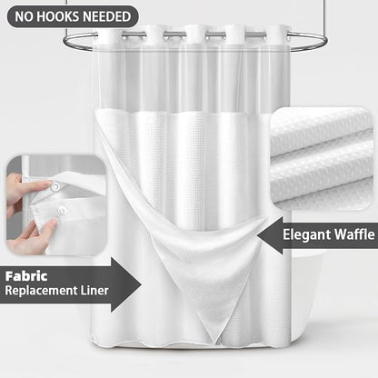 No Hook Shower Curtain with Liner Set Hotel Waffle Curtain White 78W X 75L | Washable Snap in Fabric Liner, Mesh Top Window, Waffle Hotel Style Shower Curtain Set
