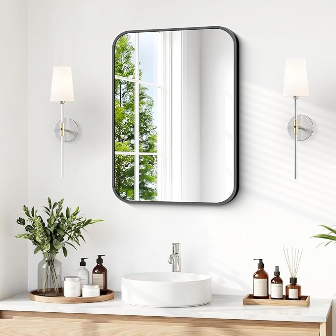 BONEWEI 16x20 inch Bathroom Mirror,Black Rectangle Mirror,Wall Mounted Bathroom Frame Vanity Mirror with Round Corner for Bedroom Living Room,Entryway Hangs Horizontal or Vertical