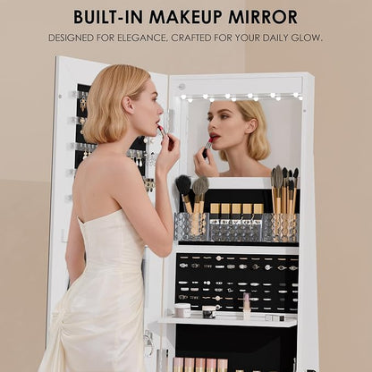 Zamildon's 360° Swivel Jewelry Mirror Cabinet, Lockable Standing Jewelry Armoire with Full Length Mirror, Storage Shelves, Built-in Makeup Mirror (White)