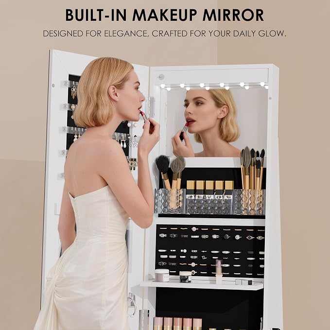 Zamildon's 360° Swivel Jewelry Armoire Cabinet, Lockable Freestanding Full Length Mirror Jewelry Organizer with Storage Shelves & Built-in Makeup Mirror, White