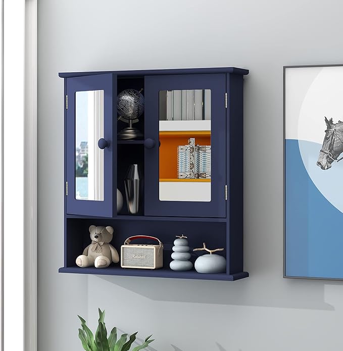 TaoHFE Blue Medicine Cabinet with Mirror, 2 Doors & 3 Open Shelves - Wall Mounted Wooden Storage Cabinet for Bathroom, Laundry or Kitchen