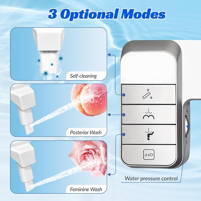 Bidet Attachment for Toilet,0.23 In Ultra Thin, Dual Nozzles,Cold Water | Self-Cleaning Nozzles,Adjustable Water Pressure,One Click Detach,Rotate Button Control,Fits Most Toilets,White,Square