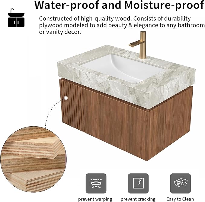 LKTART Floating 30 Inch Bathroom Vanity with Sink, Modern Plywood Wall Mounted Bathroom Storage Cabinet with 1 Door and 1 Drawer, Roma Travertine-Pattern Sintered Stone Countertop and Ceramic Basin