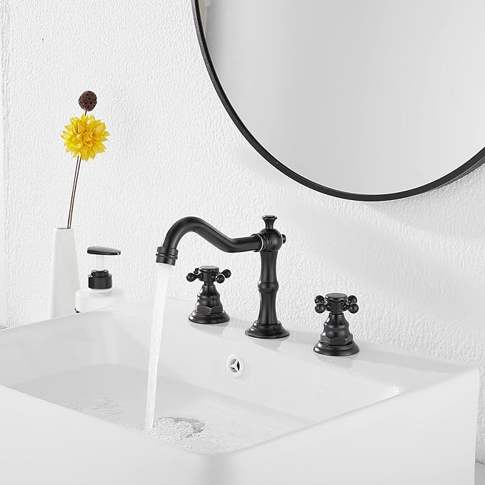 GGStudy Two Handles Three Holes Faucet 8-16 inch Widespread Bathroom Sink Faucet Oil Rubbed Bronze Basin Tap Mixer Supply Hose Included Matching Metal Pop Up Drain