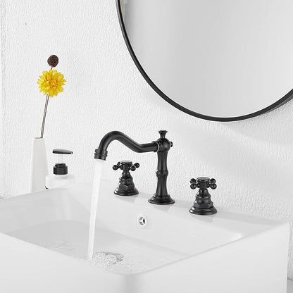 GGStudy Two Handles Three Holes Faucet 8-16 inch Widespread Bathroom Sink Faucet Oil Rubbed Bronze Basin Tap Mixer Supply Hose Included Matching Metal Pop Up Drain