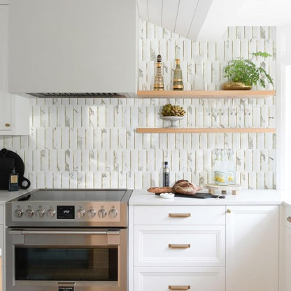 Vamos Tile Peel and Stick Backsplash Seamless Tile,Fish Scale,Glossy,10 pcs | 11.9''x10.8'',White & Gold Marble PVC+Light Gold Stick on Backsplash Tile for Kitchen & Bathroom & Laundry & Camper