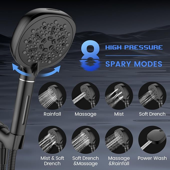Filtered Shower Head with Handheld, High Pressure 8-mode Shower with Filter | Remove Chlorine for Hard Water, Reduce Dry Itchy Skin, Anti-clog Nozzles, Built with Power Wash, Extra Holder & Hose