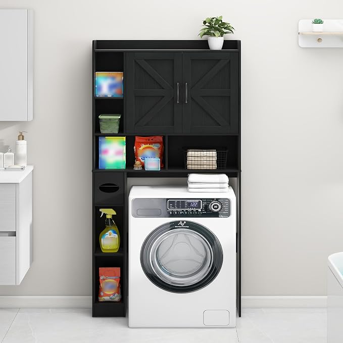 Vabches Over The Toilet Storage Cabinet with 2 Barn Doors, Black | Farmhouse Storage Cabinet with Toilet Paper Holder Stand，Home Space-Saving Toilet Rack, for Bathroom, Restroom, Laundry