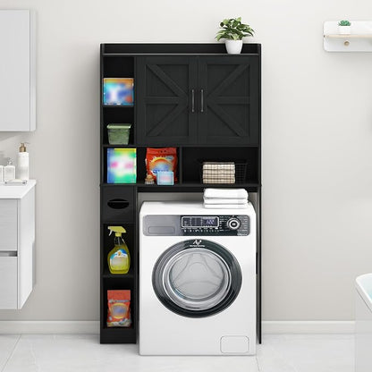 Vabches Over The Toilet Storage Cabinet with 2 Barn Doors, Black | Farmhouse Storage Cabinet with Toilet Paper Holder Stand，Home Space-Saving Toilet Rack, for Bathroom, Restroom, Laundry