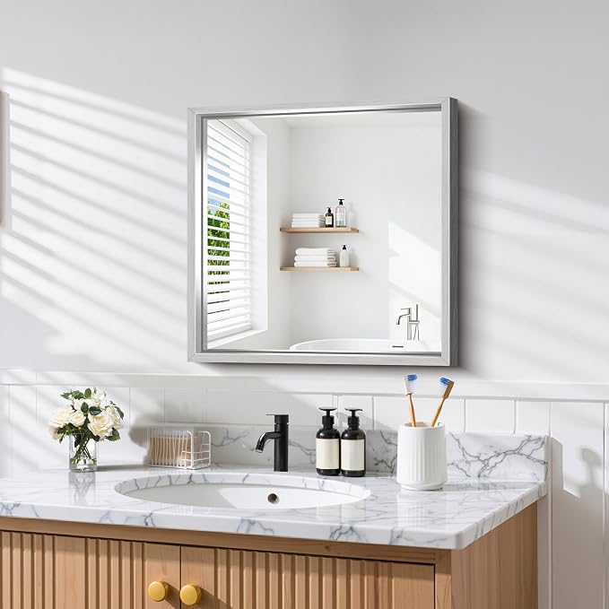 CIRCUMI 24"x24" Brushed Silver Bathroom Mirror, Square Mirror for Vanity | Chunky Box Metal Frame, Shatterproof, Tempered Glass, Bathroom Remodel&New Home,Wall Mirror for Over Sink,Living Room,Hallway